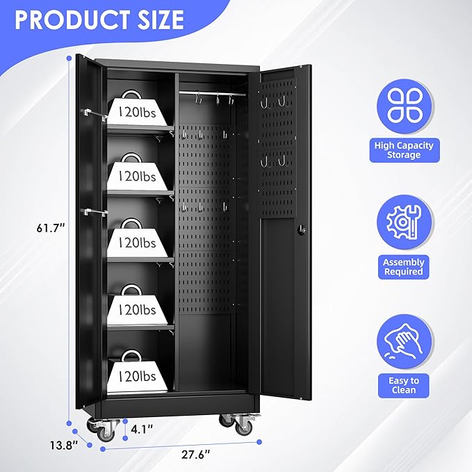 61.7"H Metal Garage Storage Cabinet with Wheels and Hanging Rod,Broom Closet Storage Cabinet with Pegboard and 4 Adjustable Shelves with 120LBS for Garage Home Office School,Required Assembly,Black