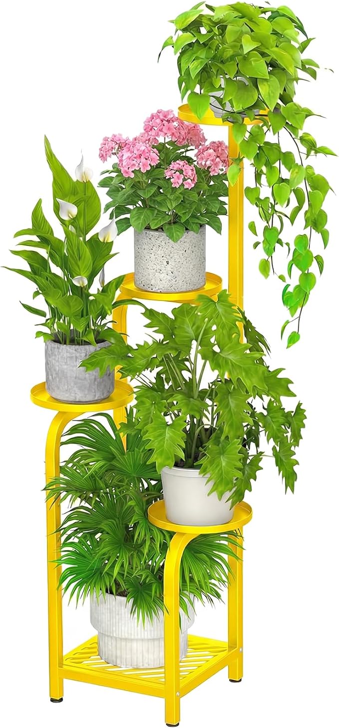 TOSKING 5 Tier Tall Plant Stand Indoor Outdoor, Heavy Duty Corner Shelf for Plants & Decor, Space Saving 3.9FT Metal Flower Pot Stand for Balcony, Garden, Living Room, Patio( Yellow, 5Tier SQ Base)