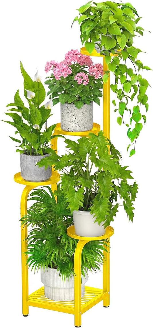 TOSKING 5 Tier Tall Plant Stand Indoor Outdoor, Heavy Duty Corner Shelf for Plants & Decor, Space Saving 3.9FT Metal Flower Pot Stand for Balcony, Garden, Living Room, Patio( Yellow, 5Tier SQ Base)