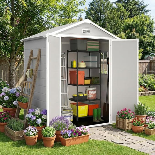 HUGROVE 6×4ft Outdoor Storage Shed with Floor, Waterproof & UV-Resistant Resin Garden Shed for Backyard with Lockable Double Doors, Air Vents & Side Window (Light Gray)