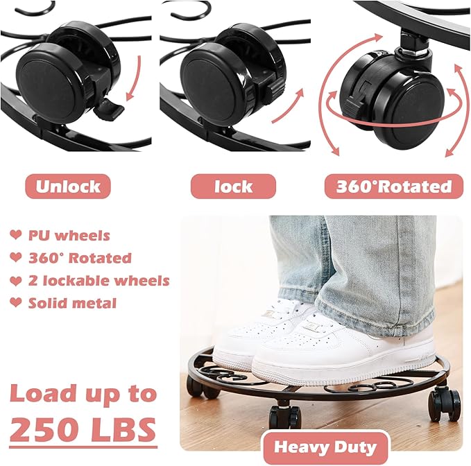 6 Pack Metal Plant Stand With Wheels - 13.5 Inch Heavy Duty Wrought Iron Rolling Caddy - Dolly, Rollers, Cart, Mover With 6 Pack Saucers
