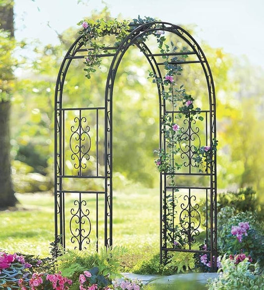 Plow & Hearth Arch Metal Outdoor Garden Arbor | Montebello | 7 Feet Tall | Gun-Metal | Iron Trellis Lattice for Climbing Plants | Wedding | Outdoor Patio Décor