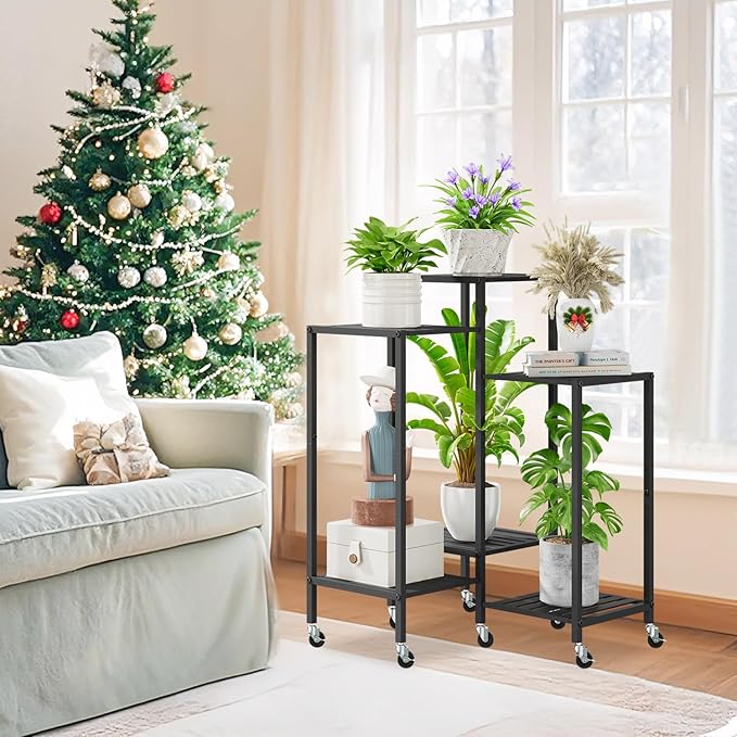 iDavosic.ly 6 Tier Plant Stand Indoor with Wheels, Metal Tiered Corner Flower Holder Shelf Outdoor for Large Pots, Tall Rolling Rack for Patio Porch Garden Balcony Living Room, Modern Black