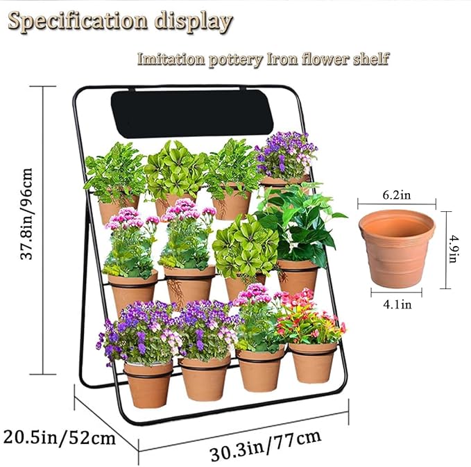 Flower Display Stand with Blackboard & 12 pcs Buckets , 3 Layers Metal Flower Cart, Plant Holder Rack for Indoor, Outdoor Patio Garden, Living Room, Florist, Ideal for Flower Shops