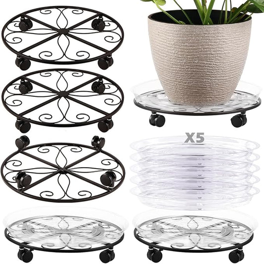 5 Packs 16” Plant Caddy with Wheels Metal Plant Stand on Wheels for Indoor and Outdoor Plants Rolling Plant Stand with Casters Heavy Duty Plant Dolly Roller Caddy, Black