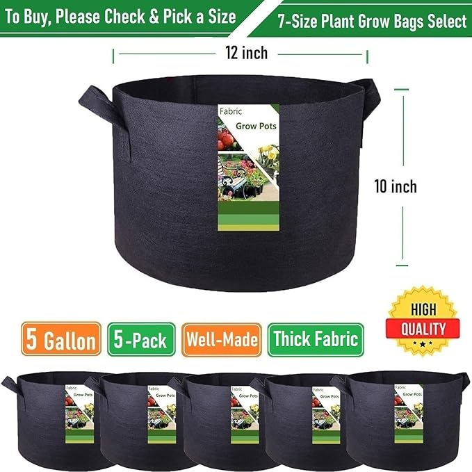 5-Pack 5 Gallon Plant Grow Bags (12x10 inch) Thickened Fabric Plant Pots Garden Bags for Flower Pot,Tomato Planters,Herbs Veggies,Potato Planter Bag,Garden Pot,Barrel Planter,Plant Container W/ Gloves