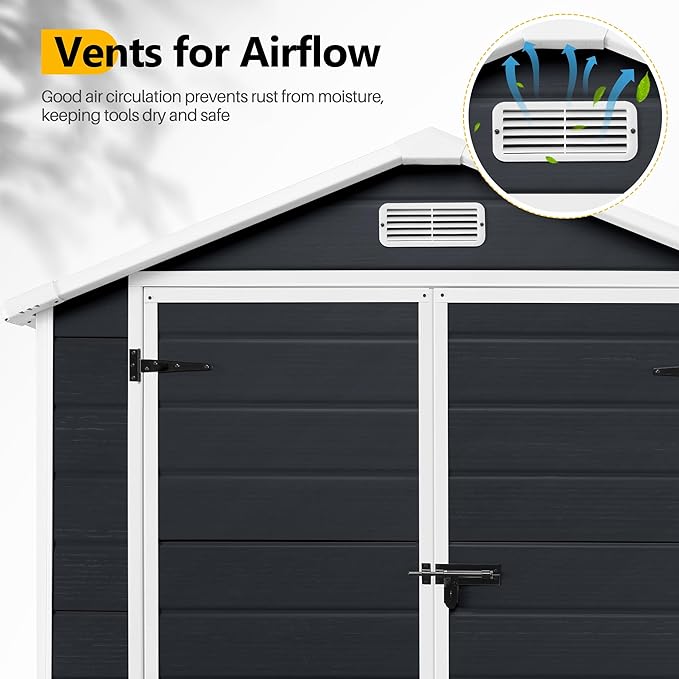 HUGROVE 6×4 Outdoor Storage Shed with Floor, Waterproof & UV-Resistant Resin Garden Shed for Backyard, Plastic Tool Shed with Lockable Double Doors, Air Vents & Side Window (Charcoal)