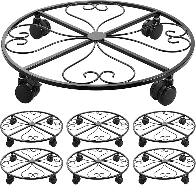 6 Pack Metal Plant Caddy with Wheels 16 Inch Large Plant Stand with Wheels Heavy Duty Wrought Iron Rolling Plant Caddy Plant Dolly Plant Rollers Plant Cart Large Plant Mover