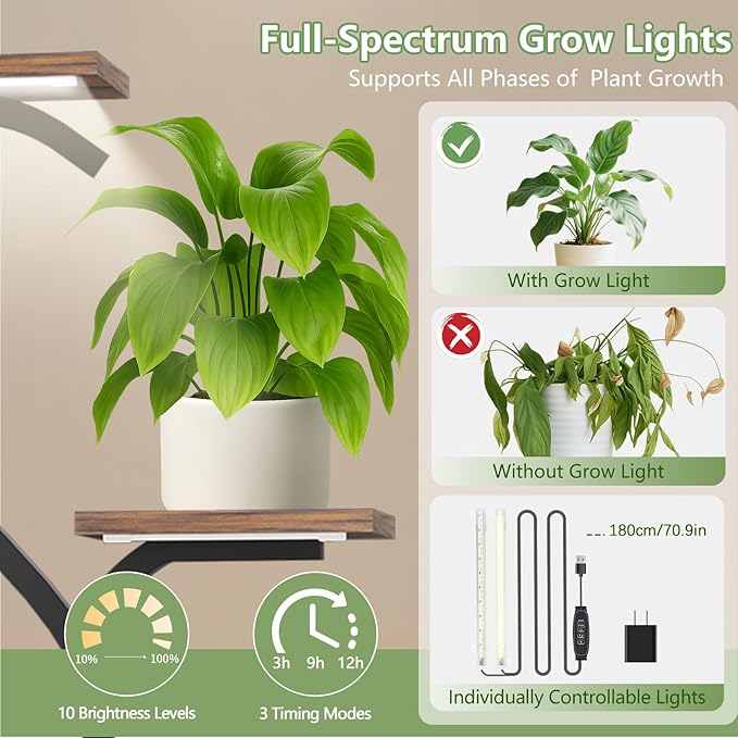 Plant Stand Indoor with Grow Lights - 5 Tiered Plant Shelf Indoor, 30"Corner Plant Stand for Indoor Plants,S-Shaped Metal Plant Stands for Multiple Plants, Flower Rack for Living Room, Balcony, Patio