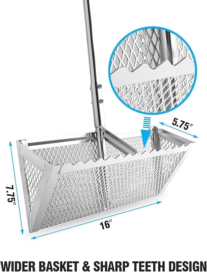 Sand Flea Rake,16-Inches Wide Basket, 52” Long Strong Handle, Sharp Teeth, Curved Handle Design [One Piece Handle Version]