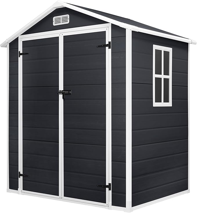 HUGROVE 6×4 Outdoor Storage Shed with Floor, Waterproof & UV-Resistant Resin Garden Shed for Backyard, Plastic Tool Shed with Lockable Double Doors, Air Vents & Side Window (Charcoal)