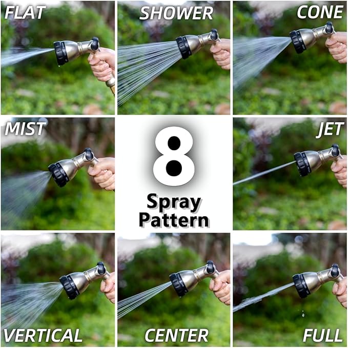 V.C Formark Heavy Duty Metal Garden Hose Nozzle,Thumb Control with 8 Patterns (Jet, Mist, Shower, Soaker),High Pressure & Anti-Leak for Lawn, Plant Watering, Car Washing, Pet Bathing,Window Cleaning