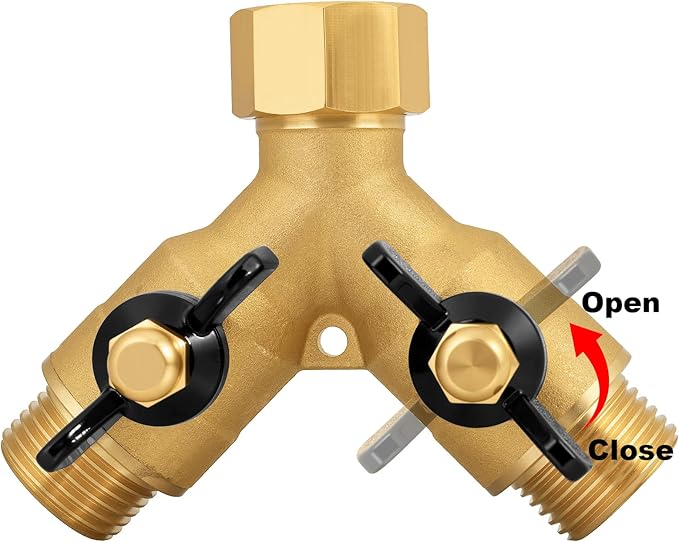Heavy-Duty Brass 2-Way High-Flow Garden Hose Splitter, Outdoor Faucet Y-Valve Diverter Connector with Butterfly Handle, Full-Flow Water Hose Adapter (Valve butterfly handle - 1-piece)