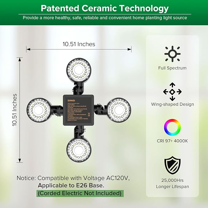 SANSI Folding Wings Grow Light for Indoor Plants, Full Spectrum with Remote Control, Dimmable, Auto On Off 4 8 12 Hrs Timer, 40W (400 Watt Equiv) with Optical Lens for Indoor Greenhouse, E26 Base