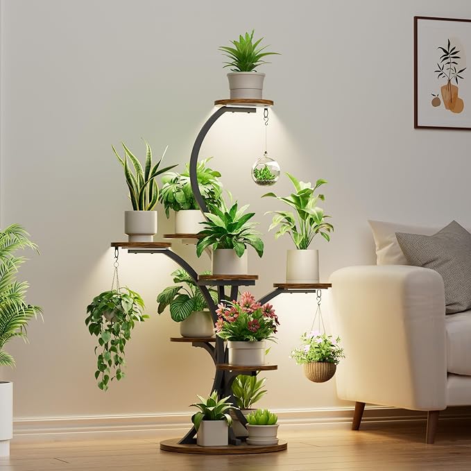 Plant Stand Indoor with Grow Lights - 8 Tiered Tree-Shaped 46.3" Tall Corner Plant Shelf, Grow Light Shelf Display for Indoor Plants Multiple, Flower Holder for Living Room Patio Balcony Décor
