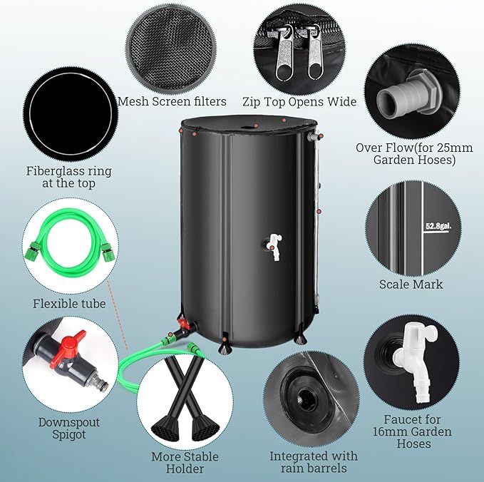 100 Gallon Collapsible Rain Barrel for Garden/Outside/Lawn, Portable Rainwater Collection System, Rain Barrel to Collect Rainwater from Gutter, Water Storage Tank with Two Spigots, Overflow Kit, Black