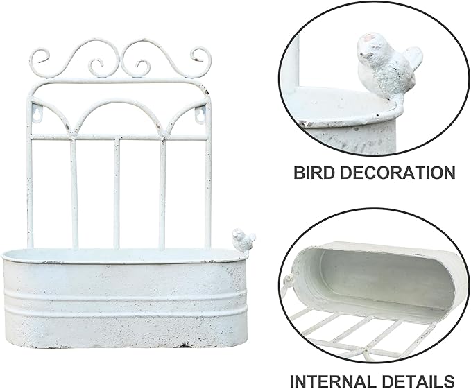 Rustic Metal Wall Planter Country Garden Wall Hanging Mount Vase Pocket Outdoor Vintage Hanging Pot Farmhouse Wall Decor for Plants Flowers (White)