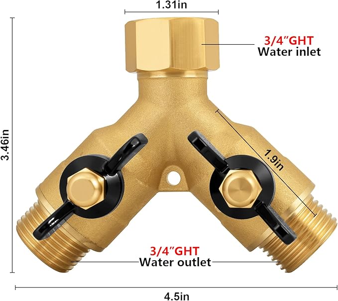 Heavy-Duty Brass 2-Way High-Flow Garden Hose Splitter, Outdoor Faucet Y-Valve Diverter Connector with Butterfly Handle, Full-Flow Water Hose Adapter (Valve butterfly handle - 1-piece)