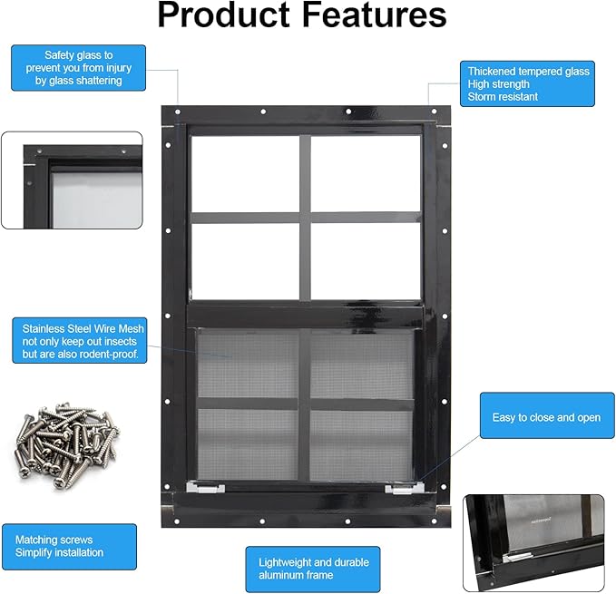 NeatiEase Upgraded Shed Windows 2 Pack, 14" x 21" Windows with Tempered Glass and Stainless Steel Screen for Shed, Chicken Coop, Playhouse, Household, Garage(Black)