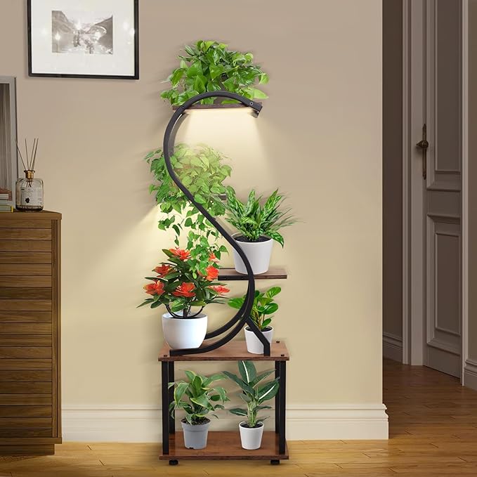 Plant Stand Indoor with Grow Light - 5 Tiered Plant Shelf Indoor, Corner Plant Stand, 43" Tall Plant Shelf with Lights for Indoor Growing, Lighted Flower Holder for Living Room, Balcony, Black