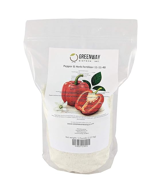 Greenway Biotech, Inc. Pepper & Herb Fertilizer 11-11-40 Powder with Micronutrients and Trace Minerals- 100% Water Soluble Fertilizers (5 Pounds Makes 1000 Gallons)