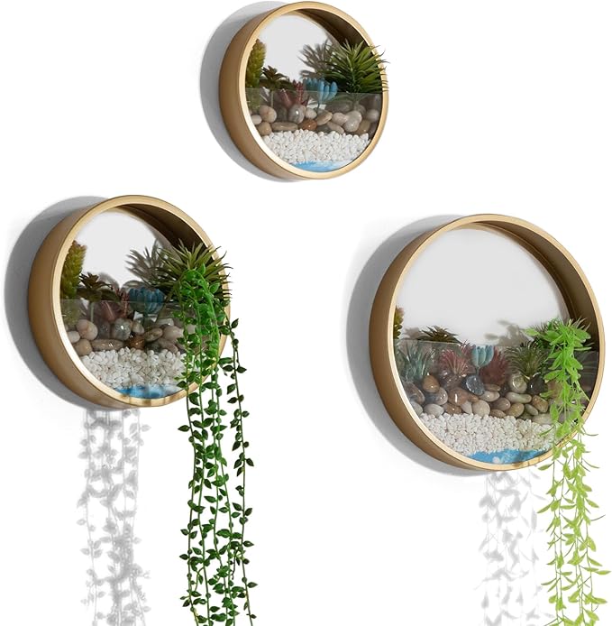 Gold Metal Wall Planter Set of 3, Indoor Metal Hanging Planter with 10Pcs Artificial Succulents Wall Decor Round Succulent Planters Air Plant Pots Container for Cactus Home Office Decor