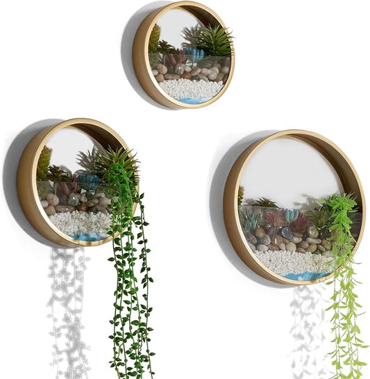 Gold Metal Wall Planter Set of 3, Indoor Metal Hanging Planter with 10Pcs Artificial Succulents Wall Decor Round Succulent Planters Air Plant Pots Container for Cactus Home Office Decor