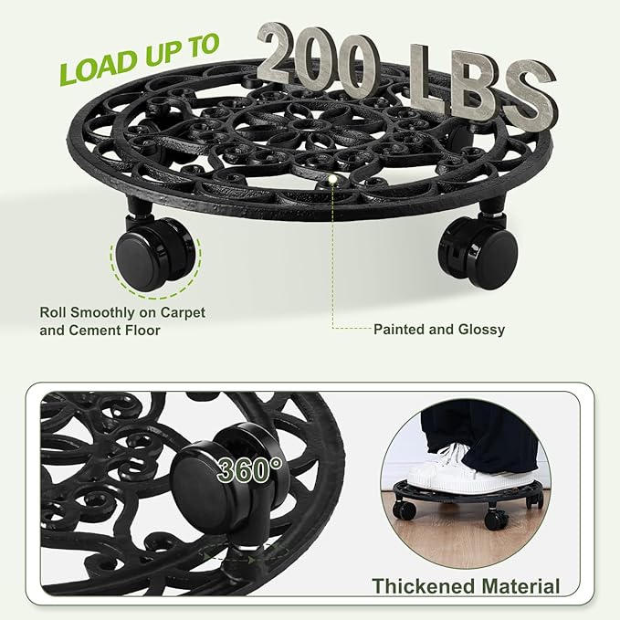 2 Packs Rolling Plant Stand with Wheels Metal Plant Caddy with Wheels Heavy Duty 13'' Round Plant Stand Indoor Iron Plants Rollers for Plants, Plant Dolly with Plant Saucers