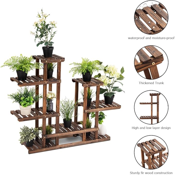 Giantex Flower Rack Wood Plant Stand 7 Wood Shelves 13 Pots Bonsai Display Shelf Indoor Outdoor Yard Garden Patio Balcony Living Room Multifunctional Storage Rack Bookshelf W/Hollow-Out Rack