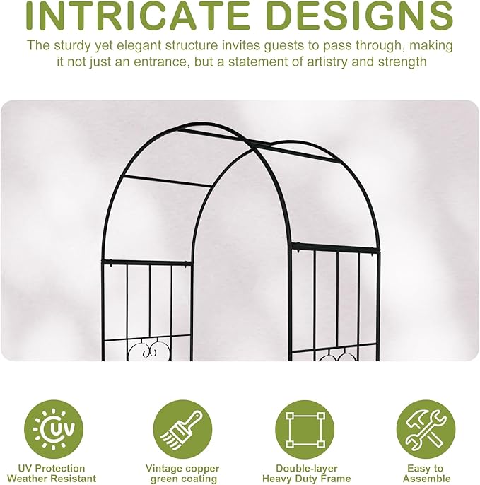 Outvita 7.3FT Garden Arch Arbor, Heavy Duty Metal Arbour Archway, Decorative Frame Stand Trellis with Ground Stakes for Wedding Ceremony Party Plant Climbing Rose Vines Lawn Patio Black