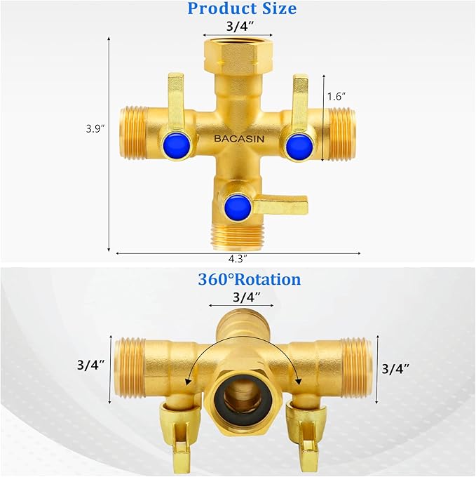 Brass Garden Hose Splitter, 3 Way Hose Splitter, Outdoor Hose Splitter, GHT 3/4 In, Female Inlet And 3 Way 3/4 In (Increase Flow Style) (copper)