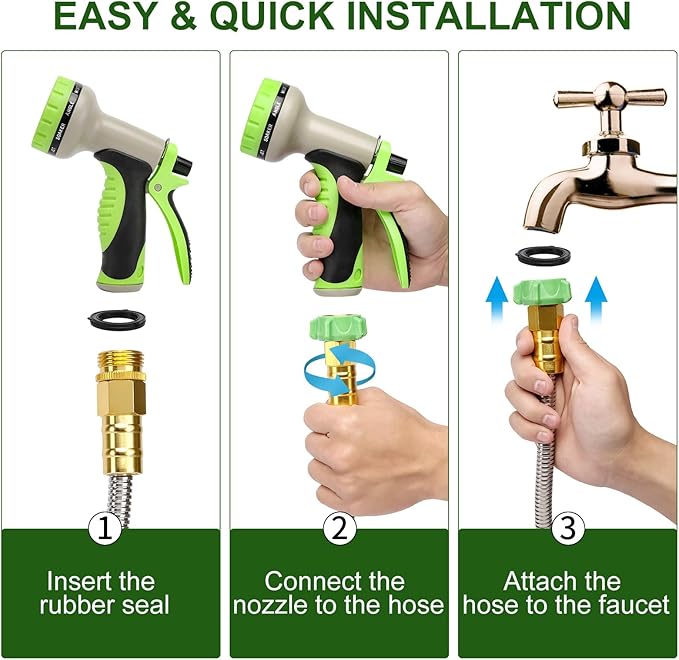 Garden Hose Metal 75 FT, Stainless Steel Hose, Water Hose with 10 Function Nozzle & Brass Nozzle, Lightweight, No Kink & Tangle, Easy to Use & Store, Heavy Duty Metal Hose for Yard and Lawn