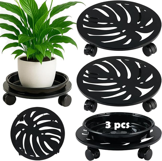3-Pack 12 Inches Square Metal Plant Caddy with Wheels Heavy Duty Large Rolling Plant Stand Indoor Outdoor Wheeled Planter Dolly Cart with Plant Saucers Flower Pot Mover Roller Trolley, Black