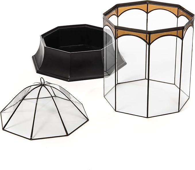 H Potter Eight Sided Terrarium Wardian Case with Curved Glass and Brown Accents Large