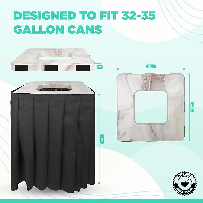 Square Black Trash Can Topper Cover With Solid Pleated Skirt | Designed to Fit 32-35 Gallon Trash Cans | Elegant Party Supplies for Weddings, Banquets, Birthday Parties & More (Black Top Green Skirt)