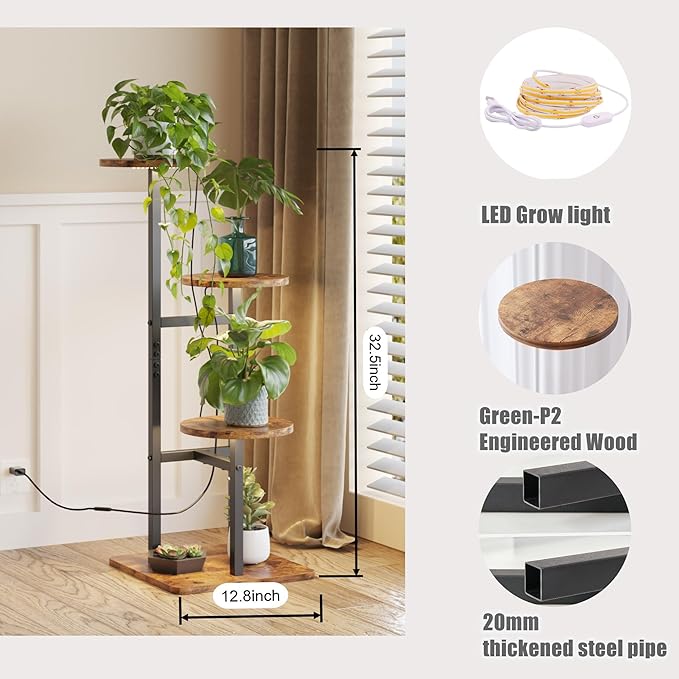 3 Tier Plant Stand Indoor with Grow Light, Tiered Plant Stands for Indoor Plants Multiple, Corner Flower Stand for Living Room, Multi-Layer Vintage Design Plant Shelf