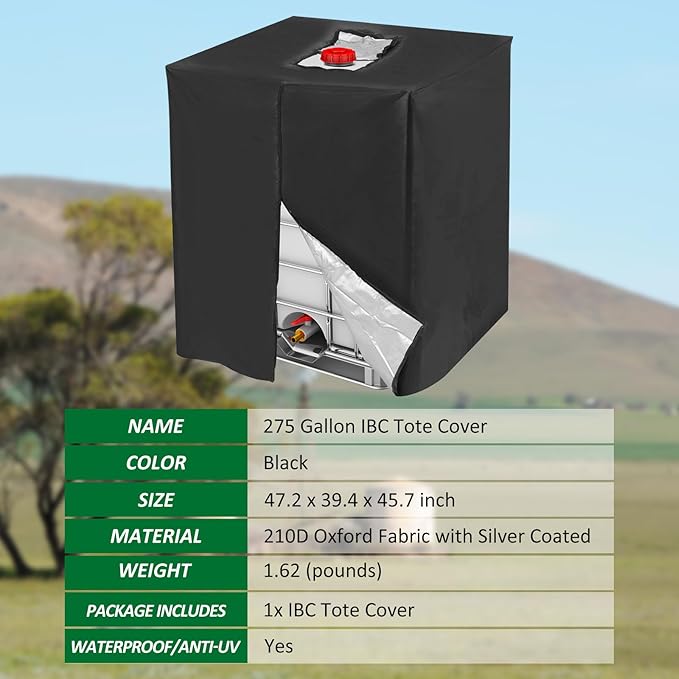 MECCANIXITY Zipper IBC Tote Cover 275 Gallon, 210D Oxford Waterproof Sunshade Rain Barrel Water Tank Protective Cover for 1000L Outdoor Garden, (39.37 x 47.24 x 45.66 Inch, Black)