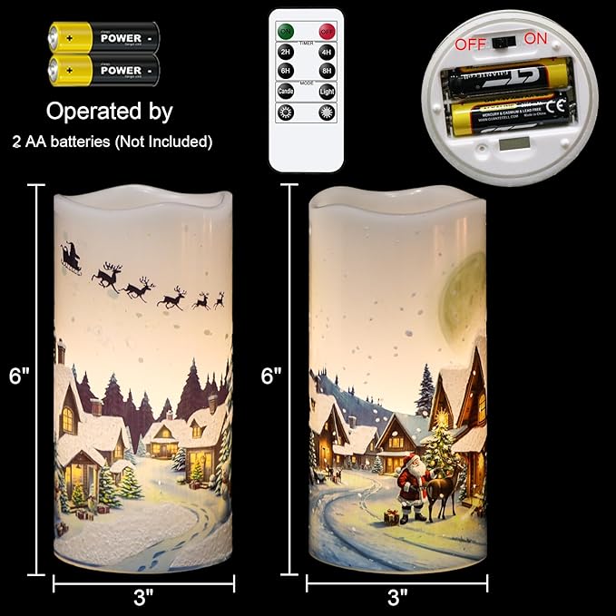 GenSwin Christmas Flameless Candles with Remote Timer, Set of 2 Christmas LED Battery Operated Pillar Candles with Snow House, Santa, Reindeer Decals for Holiday Winter Party Home Decor(D3” x H6”)