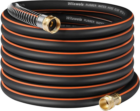 50FT x 5/8" Rubber Rubber Garden Hose, Heavy Duty Garden Water Hose, 300 PSI Working, 1000 PSI Burst, Swivel Handle with Stainless Steel Ring, 5-Layer Braided, All-Weather Outdoor Use