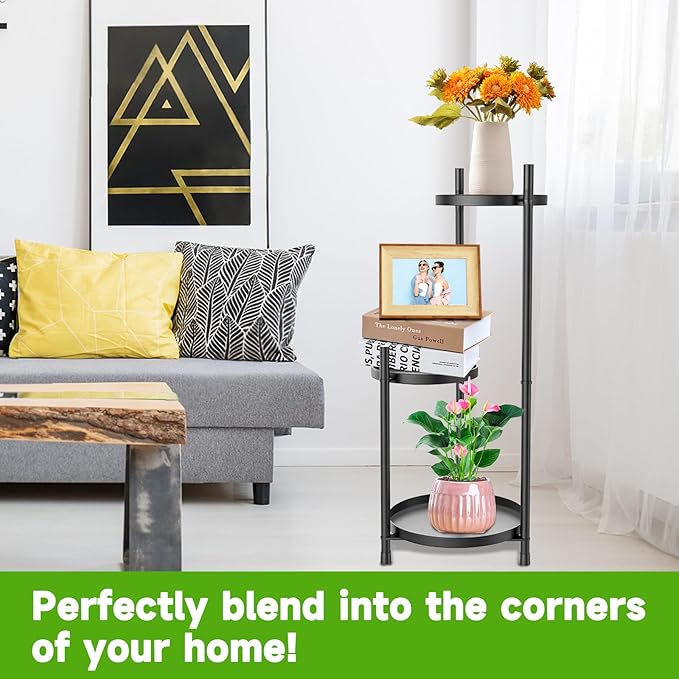 3-Tier Metal Plant Stand for Indoor & Outdoor, Heavy Duty Corner Flower Shelf Display Rack for Living Room Balcony Patio Garden Bedroom Classroom Black (Black-B)