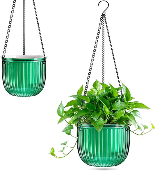 Halatool 2 Pack Hanging Planters Indoor Plant Pots, 6.5" & 8.3" Self Watering Hanging Basket Flower Pot, Translucent Plant Hanger with Drainage Holes for Garden Home Wall Decor (Peacock Green)