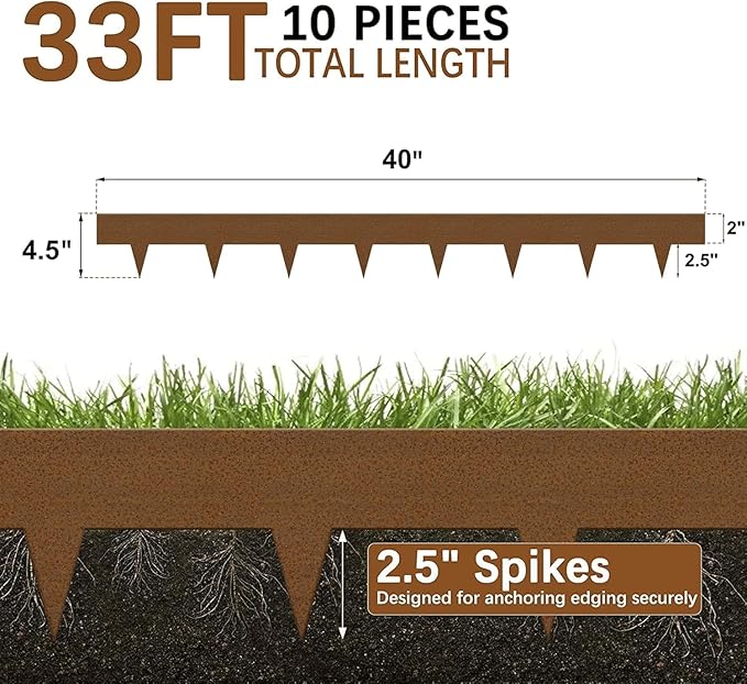KOL Weather Resistant Steel Flexible Garden Lawn Edging, 10-Pack Pre-Rusted Metal Landscape Edging Strips - Heavy Duty Hammer-in Border with 11 Clips - 16-Gauge - 40" L x 4.5" H (33FT Total Length)