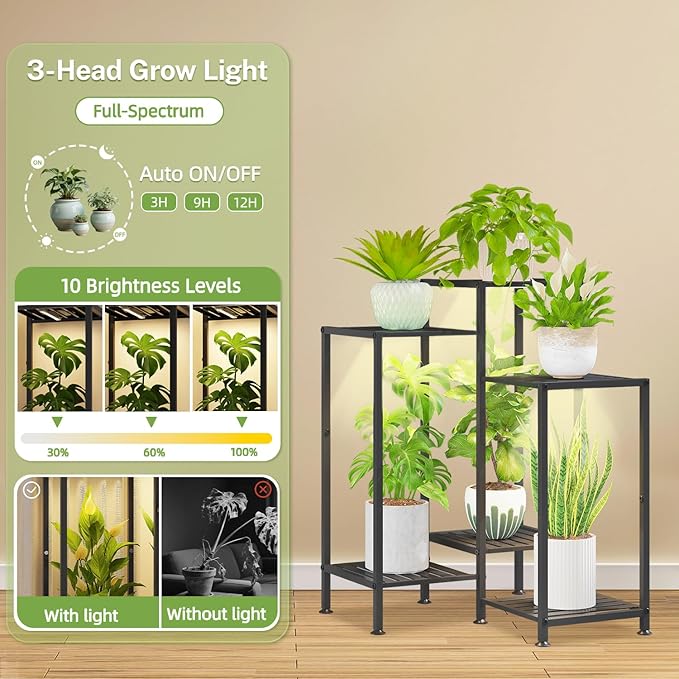 iDavosic.ly Indoor Plant Stand with Grow Light, Metal 6 Tier Corner Flower Holder Shelf Outdoor for Large Pots, Tall Rack for Patio Porch Balcony Living Room, Black