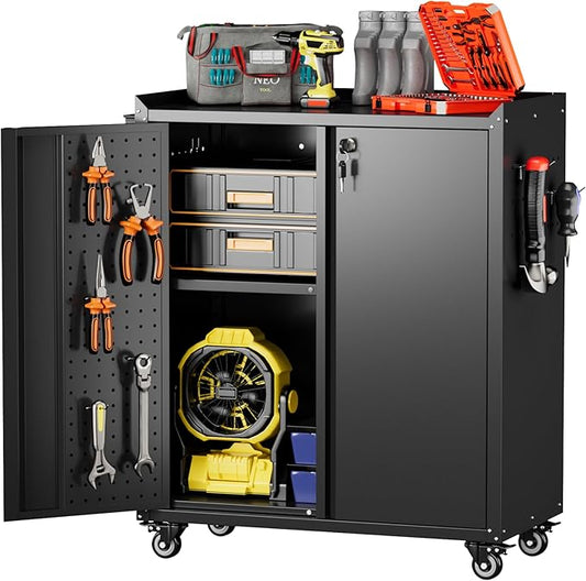 Metal Storage Cabinets with Door Pegboard,Lockable Garage Storage Cabinets with Wheels for Garage, Home, Office,Assembly Required,Black,13.8" D x 26" W x 34.3" H