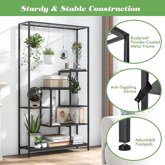 Giantex 71" Tall Plant Stand Indoor, 6-Tier Metal Plant Shelf with 10 Hanging Hooks, Multiple Potted Flower Bonsai Pots Display Rack for Indoor, Balcony, Living Room (Black)
