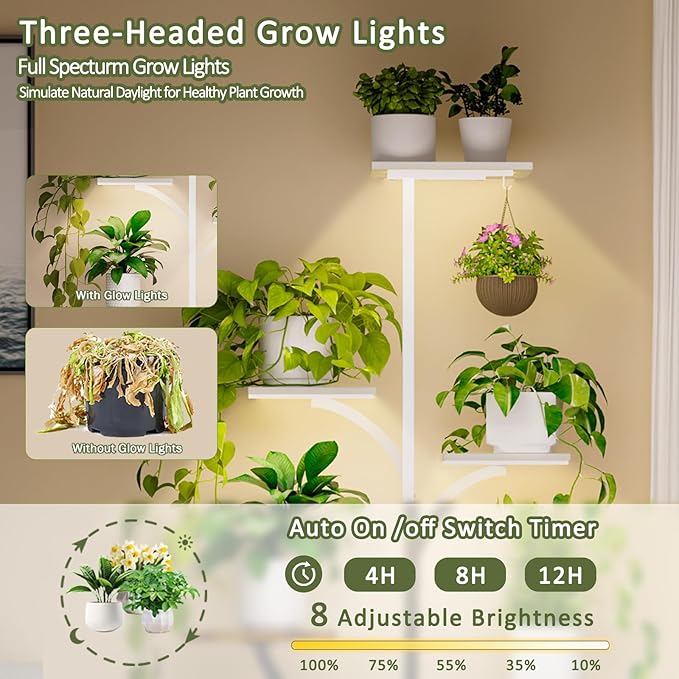 Plant Stand Indoor with Grow Lights, 60" Tall 7-Tier Corner Plant Stand for Indoor Plants Growing, Metal Tree-Shaped Display Rack for Home, Patio - White