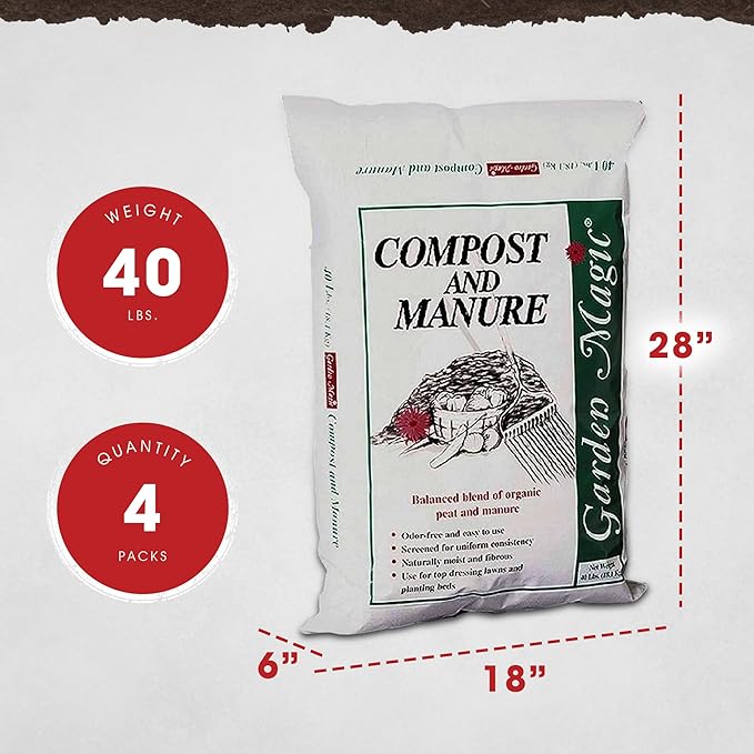 Michigan Peat 4-Pack Compost and Manure Blend, Garden Magic Mix w/Odor-Free Blend, 40 Lbs - Outdoor Lawn and Gardening Mixture with Nutrients and Minerals for Soil Potting and Planting