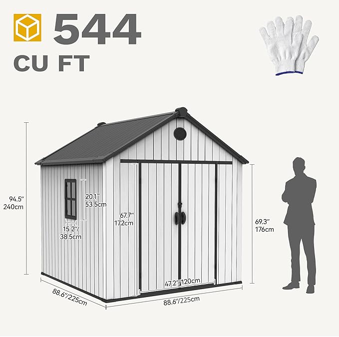 DWVO 8x8 FT Outdoor Storage Shed, 359 cuft Plastic Storage Shed with Lockable Door & Floor, All-Weather Tool Garden Shed with Window & Vent for Patio Furniture Bike Lawn Mower Pool Supplies, Gray