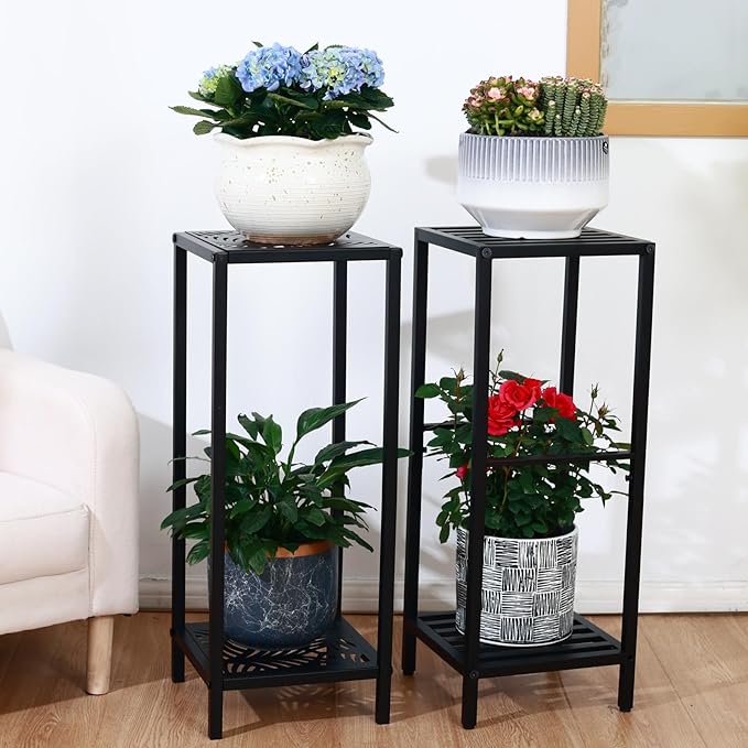 Party Zealot 2 Packs of 2-Tier Tall Metal Square Plant Stand 31” Heavy-Duty Modern Flower Pot Rack for Indoor Living Room, Corner Side Table for Outdoor Patio, Garden Planter Holder, Black