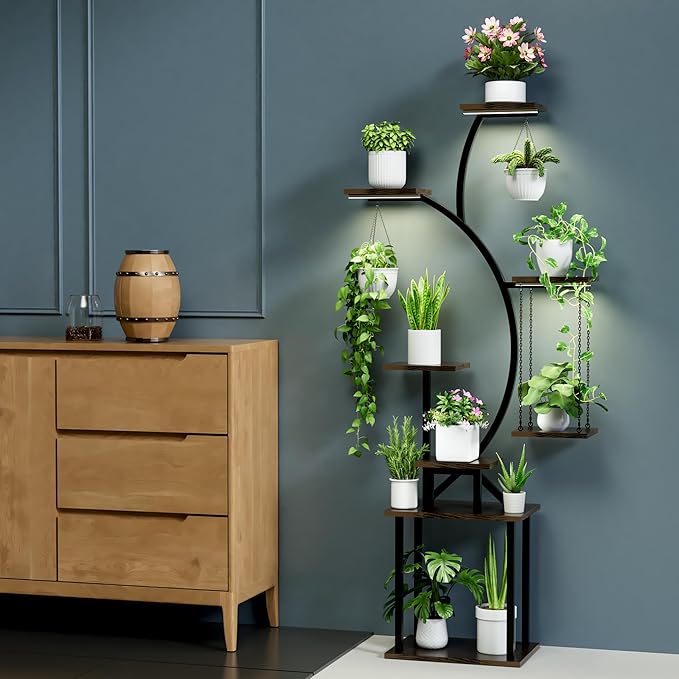 Plant Stand Indoor with Grow Lights, 8 Tiered Corner Plant Shelf, 63" Tall Plant Hanger Indoor for Multiple Plants, Metal Plant Flower Holder, Plant Rack for Display, Patio, Home Decor